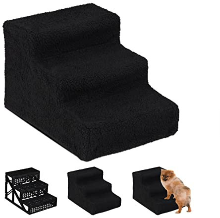 Relaxdays Hundetreppe 3 Stufen, kleine & große Hunde, Bett & Couch, Stoffbezug, Tiertreppe innen, 30x35x45 cm, schwarz 1 Stück