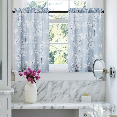 FMFUNCTEX Blue White Kitchen Curtains for Bathroom Blossom Floral Small Canvas Tier Curtains for Living Room Basement Windows 24 Inch Length Light Filtering Privacy Café Curtain 2 Panels Set