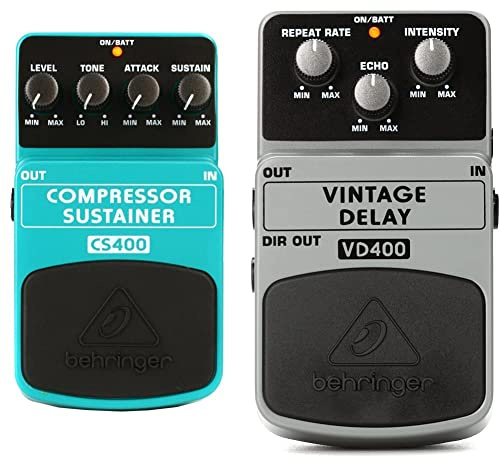 Behringer COMPRESSOR/SUSTAINER CS400 Ultimate Dynamics Effects Pedal,Green & VINTAGE DELAY VD400 Vintage Analog Delay Effects Pedal, White