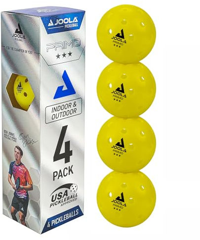 JOOLA Pickleball Primo Balls 3 Sterne hochwertige Outdoor und Indoor Spiel-Bälle mit USAPA Zertifizierung, 26 Gramm, 74 mm Durchmesser, gelb, 4 St.