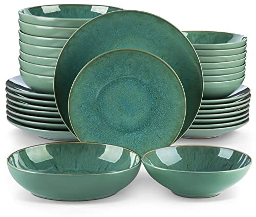 vancasso Karst Reactive Glaze Dinner Sets, Stoneware Vintage Look Green Dinnerware Tableware, 32 Pieces Dinner Service Set for 8, Include Dinner Plate, Dessert Plate, Pasta Bowl and Cereal Bowl
