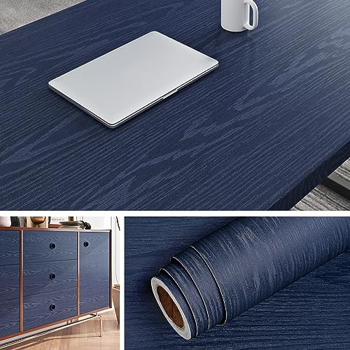 Livelynine Carta Adesiva per Mobili Blu Lavabile Pellicola Adesiva per Mobili Legno Carta da Parati Adesivi Muro Finto Legno Salotto Camera da Letto Blu Pellicola Mobilis Adesivo Legni Tavolo 40CMx2M