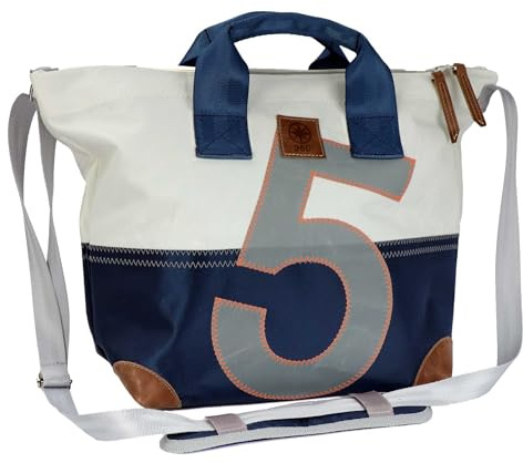 360° Grad Suutje Schultertasche Segeltuch weiß-blau, Zahl hellgrau