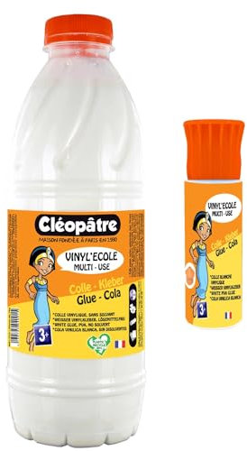 CLEOPATRE - Vinyl'Ecole Flacon De Colle Blanche Vinylique 1L et Flacon de 25g Rechargeable - Idéal Travaux Manuels et Loisirs Créatifs Dès 3 ans – Rentrée Des Classes - Fabrication Française