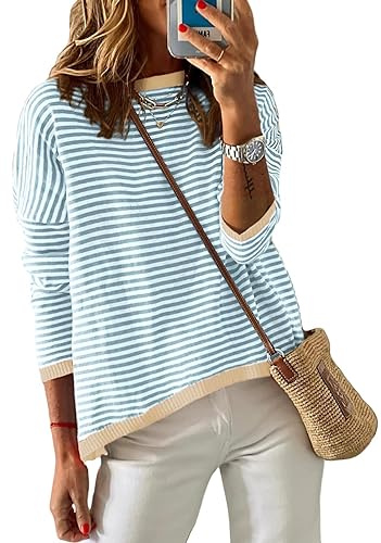 Cuptacc Jersey Mujer a Rayas, Sudadera Manga Larga Cuello Redondo, Algodón Casual Punto, Beige Rojo