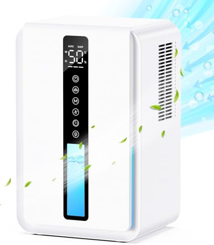 Deshumidificador Eléctrico de 2500 ml, Deshumidificador Pequeño con 2 Modos y 3 Niveles de Deshumidificación, Indicador de Humedad/Temperatura, 6-48H Temporizador, Auto Apagado & Auto Descongelación