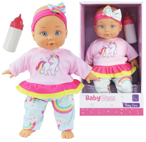Baby Doll in Pyjamas with Feeding Bottle - 30cm Baby Boy or Girl Care Doll with Bottle for Imaginative & Pretend Play – Play Set for Kids, Boys, Girls Christmas & Birthday - Pink or Blue (Pink)
