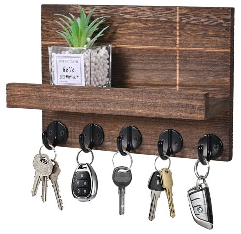 Jemyxhw Portachiavi da Parete, Portachiavi da Muro, Appendiabiti da Parete con Mensola, con 5 Ganci per Chiavi, per Ingresso, Cucina, Ufficio, Soggiorno (Marrone)