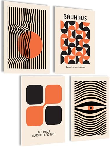 mojoliving Lot de 4 posters vintage - Décoration murale pour cuisine et salon - Images esthétiques - Pour salon - Style vintage - Bauhaus - Noir et orange - Lot de 4 posters A4 (21 x 30 cm) - Sans
