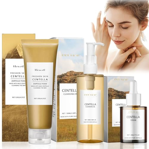 3 Pièces Centella Cleansing Oil + Centella Nettoyant Visage + Serum, Ensemble de Soins de la Peau Centella Asiatica Extract, Pore Control Cleansing Oil, Pore Deep Cleansing, Convient aux peaux sensibl