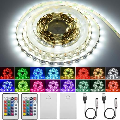 2 pezzi strisce LED a batteria, 1M RGB 5050 striscia LED alimentata a batteria o USB, telecomandabile a distanza 16 colori, striscia LED con telecomando per armadi, scale, cucina, letti
