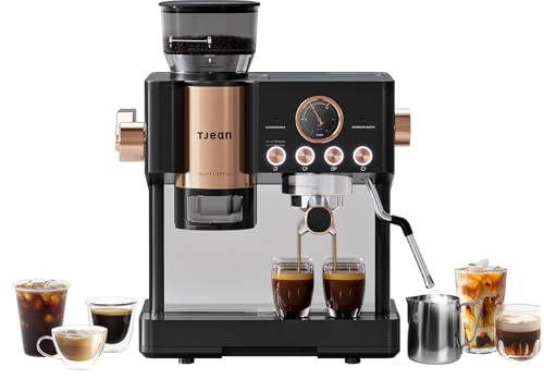 Tjean Barista Senso Doppelboiler Siebträgermaschine mit Mahlwerk und Manuellem Milchschäumer,3-in-1 Dampf-Espressomaschinen,20 Bar ital. Drucksystem,2,8L Wassertank,15 Mahlgradeinstellungen,2300W