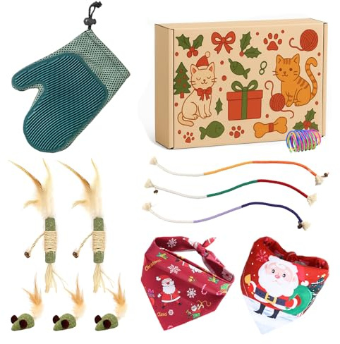 MIUZMORE Juguetes para Gatos Set Completo con Catnip – Guante Quitapelos, Ratones, Palos de Menta, Cuerdas de Algodón y Pañuelos | Kit Interactivo para Gatitos y Gatos Adultos