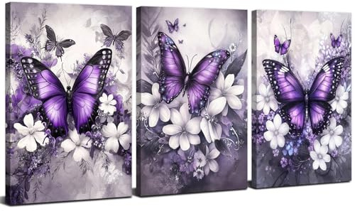 3Pcs Arte en Lienzo de Mariposa Morada Impresiones en lienzo de Flores Blancas Para Dormitorio Cuadro Rústico de Flores Slvestres Póster de Pintura Floral Campestre Vintage para Comedor Baño 30x40cm