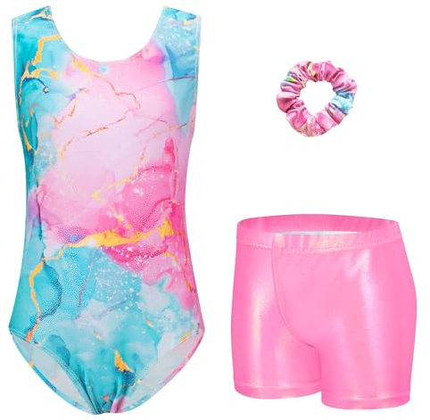 Arshiner Girls Three Piece Gymnastics Set Pink Green Kids Gymnastik Leotards Suit with Shorts and Hair Tie Children Sleeveless Gymnastics Outfit Glitter Dancewear 9-10 Years