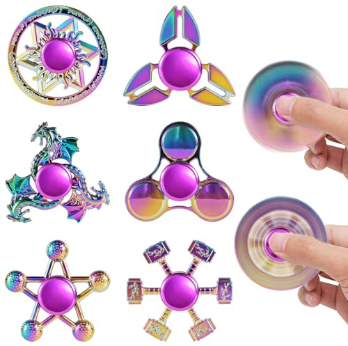 6 Pack Rainbow Metal Fidget Spinners Sensory Fidget Toy for Kids Adults Durable Office Desk Sensory Toys for Stress Relief & Anxiety, Classroom Prizes, Christmas Party Bag Filler