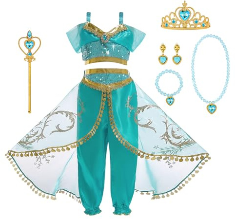 ACWOO Jasmine Princess Kostym för flickor, Jasmine Fancy Dress Up Outfit Set med peruk, Arabian Princess Paljetter Fancy Dress Up Kostym för Cosplay Födelsedag Halloween Party Carnival