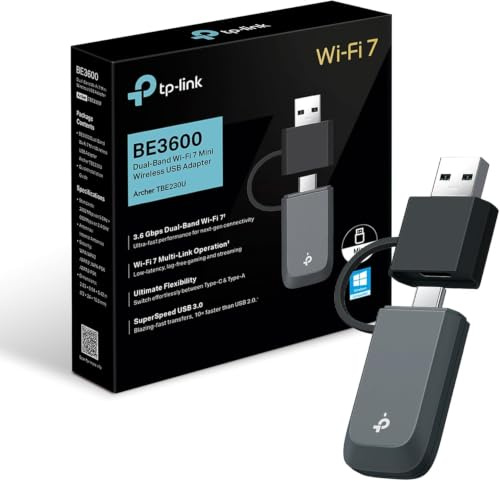 TP-Link Archer TBE230U WiFi 7 Dual-Band BE3600Mbps, Adattatore USB Nano Scheda di Rete, MLO, Plug & Play, Flessibilità USB Type-C/A, USB 3.0, WPA3, Compatibile con Windows 11/10