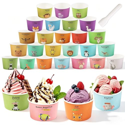 XIMEY Coppette Gelato Usa e Getta, 60/100 pezzi Ciotole per Gelati Dolci, 180ML Ciotole di Carta in Carta Monouso, Carta Coppette per Dessert, Yogurt, Frutta, Feste di Compleanno e Picnic (100, A)