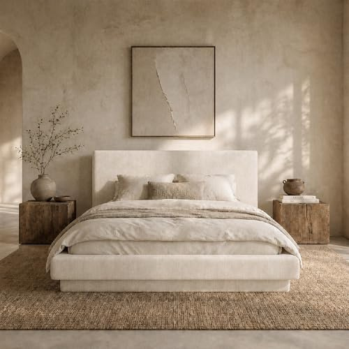 Recci Soft Bed frame with Headboard, Fully Cushioned Beige Platform Bed, No Box Spring, 5-mins Assembly (Double)