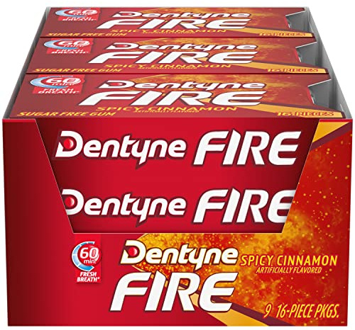 Dentyne Fire Spicy Cinnamon Sugar Free Chewing Gum, Pack of 9 (144 Pieces)