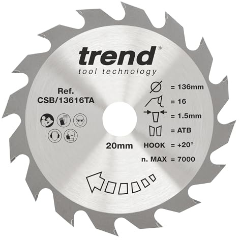 Trend Wood Cordless Circular Saw Blade, 136mm Diameter, 20mm Bore, 16 Teeth, 1.5mm Kerf, +20° Hook, TCT, Coarse Finish, CSB/13616TA