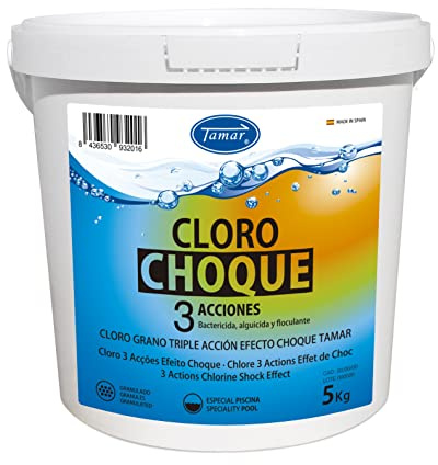 Tamar Cloro Choque 3 Acciones, granulado, recuperador Agua Piscina deteriorada, Alta solubilidad, desinfectante, antialgas y clarificante Grano 5 KG