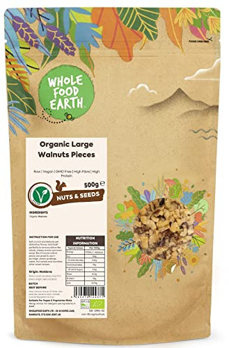 Wholefood Earth Organic Large Walnuts Pieces 500g Raw | Vegan | GMO Free | High Fibre | High Protein | Certified Organic