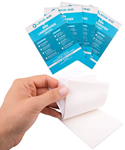Lens-Aid linsrengöringspapper (200 ark) – rivfast, luddfritt papper för rengöring av objektiv, filter, kikare, skärm och optik – för våtrengöring med rengöringsvätska, 4×50 ark