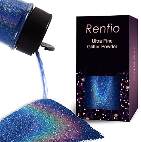 Renfio Holographic Ultra Fine Glitter Powder Metallic Resin Glitter | 2.11 Oz (60g) PET Flakes Crafts Sequins 1/128 0.008 0.2mm Epoxy Chips Flakes for Tumblers Slime - Laser Ocean Blue