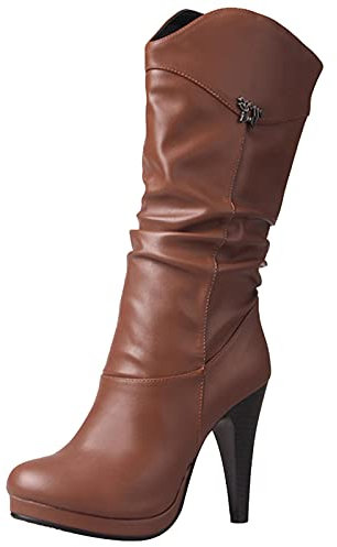 MJIASIAWA Femmes Hiver Classique Talons Hauts Plateforme Bottes Slouch A Enfiler Soirée Robe Warm Rétro Boots Marrón Taille 38 EU/39 Asiatique