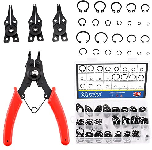 Glarks 261Pcs Snap Ring Pliers and Snap Ring Set, A Snap Ring Pliers with 4 Interchangeable Jaws and 260Pcs Internal External CirClips Assortment Kit