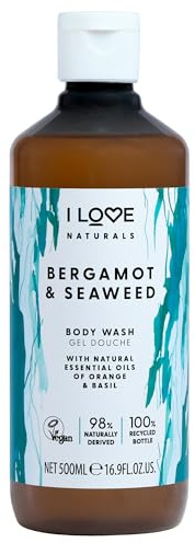 I LOVE Naturals Gel Douche Bergamote & Algues – Huiles Naturelles d’Orange & de Basilic, Aux Huiles Essentielles, Hydratation & Douceur pour la Peau, Flacon 100% Recyclé, Vegan & Cruelty-Free 500ml