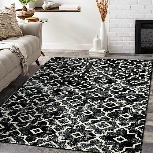 KIMODE Marokkanische Teppich Wohnzimmer - 90x150cm Waschbar Schwarz/Grau rutschfest Schlafzimmer Teppiche,Weich Kurzflor Moderne Wohnzimmerteppich Für Küche Flur Esszimmer Eingangsbereich