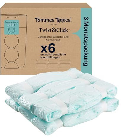 Tommee Tippee Twist & Click Nappy Bin Refills, Pack of 6, each 10.5 metres, Multilayer, Antibacterial* Film, Designed to Slot into Your Existing Twist & Click Nappy Bin Cassette (6 X 10.5m)