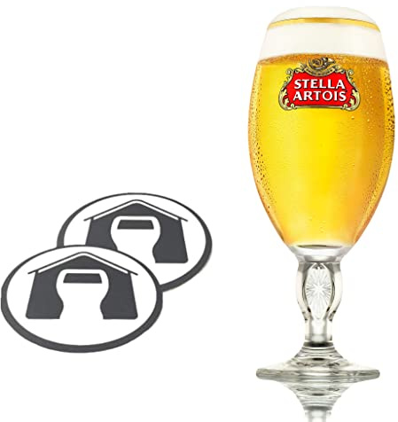 GarageBar Bicchiere da birra Stella Artois con calice, prodotto ufficiale, fornito con 2 tappetini antigoccia per birra (1, pinta/200 ml)