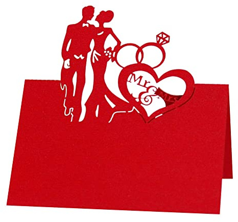 iSpchen Lot de 50 marque-places carte de siège motif de mariage d'amour marque-places creux cartes de nom pliées pour décoration de table de banquet de mariage nacre rouge
