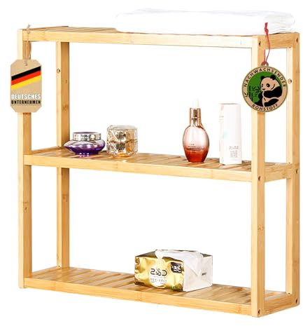 Floordirekt Wandregal, Badregal für Badezimmer, Bambus Holz Küchenregal mit 3 Fächern, Dekoratives Schweberegal im Wohnzimmer (Wyoming)
