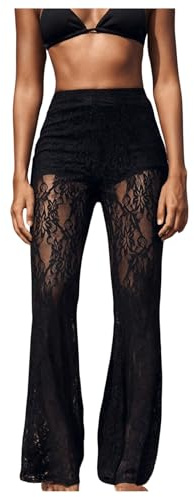 GORGLITTER Women's Lace Flared Trousers Sheer Bell Bottom Balloon Pants | High Waisted Sexy Going Out Party Club Pants, Festival Clothes, Sexy Pants for Women