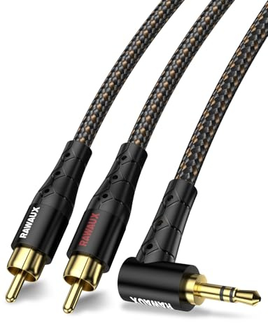 RAWAUX RCA till jack 3,5 mm kabel 90 grader 3,5 mm uttag till 2 RCA-kabel 24K förgylld stereo chinchinchjudkabel för TV, smartphone, bärbar dator, hemmabio, förstärkare (1 m, 3,5 x 2 cinch – svart)
