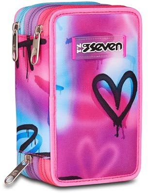 Seven Federmäppchen mit 3 Fächern, 45-teiliges befülltes Schüleretui, Federtasche für Schreibwaren, mit Stiften, Kugelschreiber; aufklappbar, Mädchen, Jungen, Grundschule, rosa