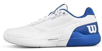 Wilson Rush Lite 5 Scarpa da Tennis Uomo, Velocità Esplosiva e Comfort, Supporto EndoFit e Reattività, Bianco / Deja Vu Blue / Safety Yellow, Taglia 42