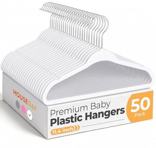 HOUSE DAY 11.4 Inch Baby Hangers 50 Pack - Plastic Kids Hangers Space Saving Thin Profile, Children Closet Organizers with Rotatable Hook of 360°, Heavy Duty for Toddler Clothes Nursery - White