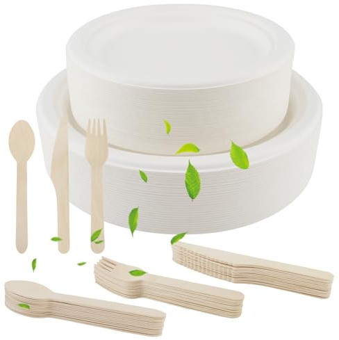 Xbessc 250 Stück Einweggeschirr Set,Umweltfreundlich Biologisch Einwegteller aus Zuckerrohr und Einwegbesteck aus Holz für Grillfest, Camping, Picknick oder Party