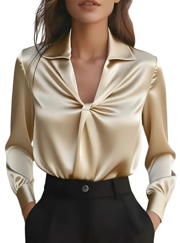Blusa de seda satinada para mujer, cuello en V, cuello en V, camisa de manga larga, casual, para negocios, oficina