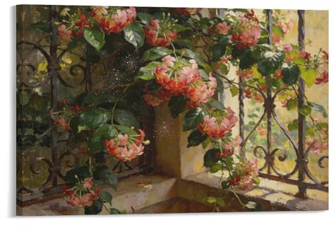 Rose Window Trellis Framed Canvas Wall Art, Blooming Floral Vines by Rustic Iron Gate Painting, Romantic Vintage Decor for Living Room Bedroom 24x36inch(60x90cm