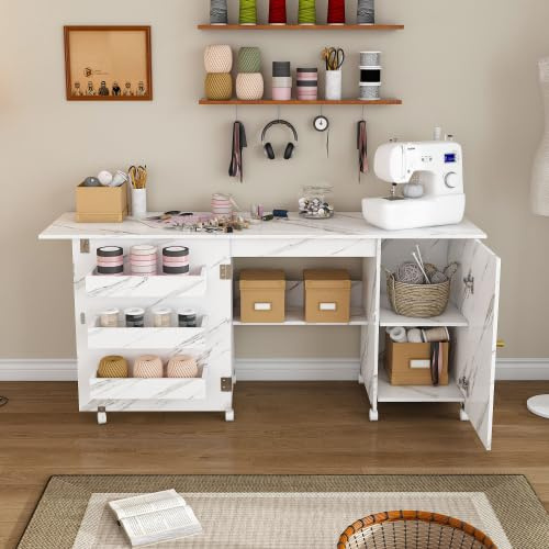 57.5 Foldable Sewing Machine Table with Locking Casters, Multi-Storage Craft Station with Shelves, Bins & Cabinet, Adjustable Sewing Cabinet for Home, Bedroom, and Craft Room