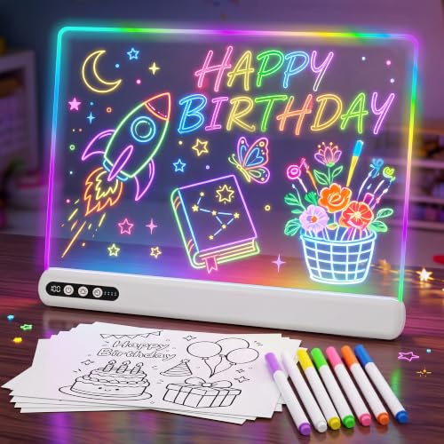 16“ Rechargeable Led Drawing Board with 8 Static Colors and 3 Dynamic Modes, Featuring a Timer Function. Comes with 7 Markers and 8 Template Books. Ideal for Gifts, Note-Taking, and Decoration