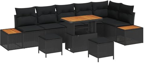HFXHIJXQ Set di mobili da giardino in polyrattan, 9 pezzi, moderno gruppo lounge con tavolo da pranzo, panca angolare e sgabelli, set per terrazza e giardino, cuscino incluso, nero