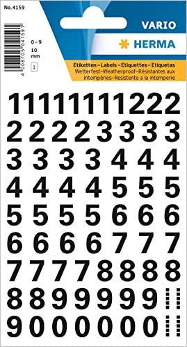 HERMA 4159 Adesivi numerici Neri 0-9, 710 Pezzi, Dimensione Carattere 10 mm, autoadesivi, Resistenti alle intemperie, Piccoli, Numeri civici Adesivi in Pellicola da incollare, Trasparenti